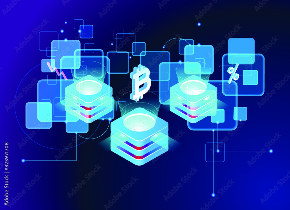 Poster blockchain network concept , distributed ledger technology , block chain text and computer connectio