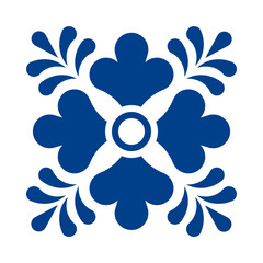 Mexican talavera tile pattern with flower. Ornament in traditional style from Puebla in classic blue and white. Floral ceramic composition with dot and leaves. Folk art design from Mexico.