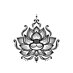 Ethnic Oriental Tattoo Mehndi Lotus Flower Symbol Line Black and White Vector Illustration. Ornamental Floral Pattern