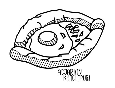 Hand drawn vector illustration of adjarian khachapuri. Doodle isolated on white background with hand written title of the dish.