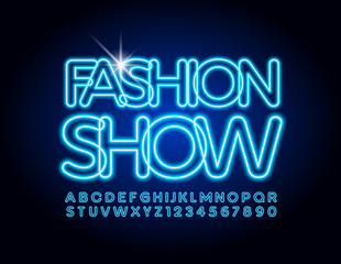 Vector stylish logo Fashion Show. Glowing Alphabet Letters fnd Numbers. Blue Neon Font.