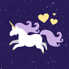 Obraz na płótnie Canvas Vector kids illustration of magic fat unicorn horse galloping on starry night sky speckles backgroung with yellow hearts. Childrens, kids concept. Poster, card, print template