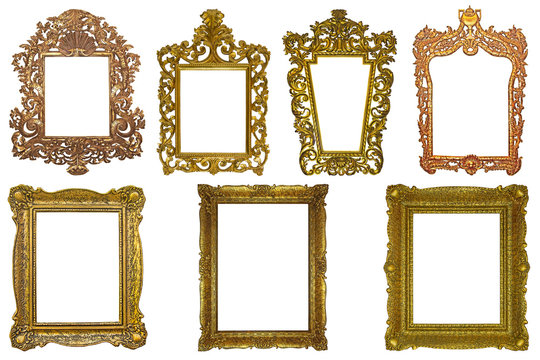 Set of rectangle Decorative vintage gilded golden wooden frames isolated on white background