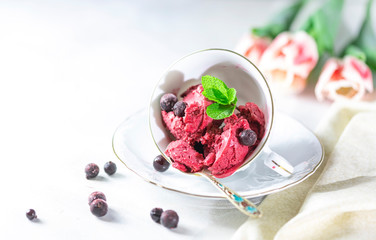 Blackcurrant sorbet. Berry ice cream iwith mint and blackcurrant.