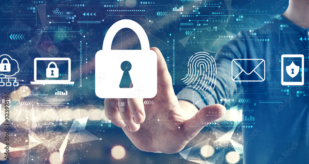 Canvas Prints internet network security concept with a man on blurred city background