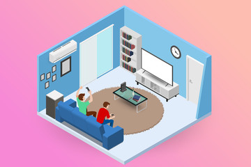 Couple men character playing a game console on large LED screen TV and sitting on sofa in a living room for entertaining in modern house interior concept. Vector flat isolated illustration design.