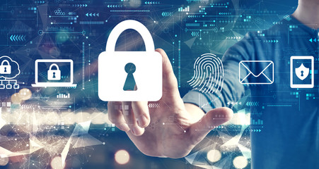 Internet network security concept with a man on blurred city background