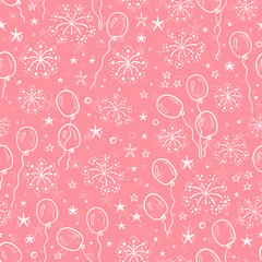 Vector Holiday or Birthday Seamless Pattern with Hand Drawn Doodle Balloons, Fireworks and Stars. Festive party background. Holiday Wallpaper