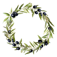 Obraz na płótnie Canvas Hand drawn watercolor wreath of olive branches with green leaves and black berries isolated on a white background. Ideal for creating invitations, greeting cards. Floral illustration.