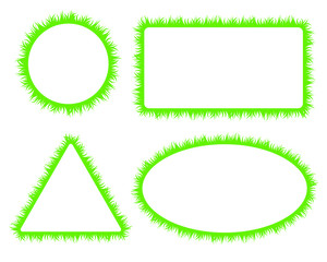 Vector green lawn grass texture geometric border illustration: natural, organic, bio, eco label and shape on white background. Ground land pattern frame. 