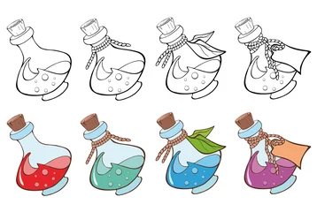 Deurstickers Vectorillustratie van magische kleine flesjes voor jou Design en computerspel. Kleurboek overzichtsset © liusa