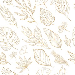Tropical leaves seamless pattern. Palm, fan palm, monstera, banana leaves in line style. Sketches of tropical leaves for design.