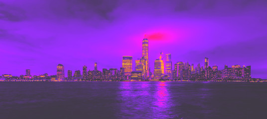 Lower Manhattan skyline and the Hudson river as seen from Jersey City synth wave style