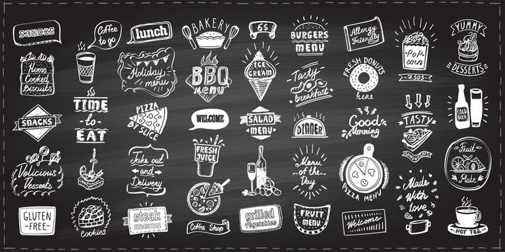 Menu set with symbols, signs and elements on a chalkboard, vector hand drawn graphic designs