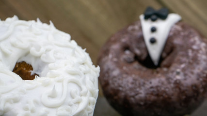 Wedding Donuts Happy Fun White Pearls Wood Blue Flowers Bride Groom HD Plants