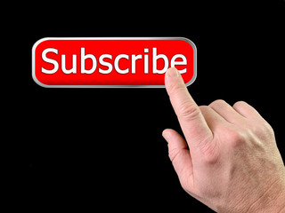 The index finger presses the button, on a black background. Finger touch to switch in space. The person is registered on the site or on the social network. Concept: Online Subscribers, Subscription