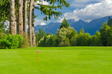 Obraz premium Golf place with gorgeous green and fantastic mountain and blue sky view