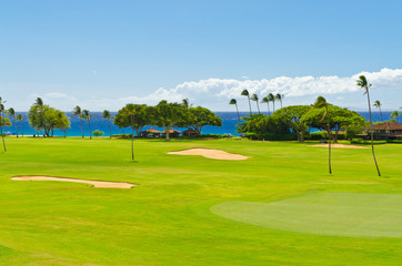 Fototapeta premium Beautiful golf place with gorgeous green over a fantastic ocean view