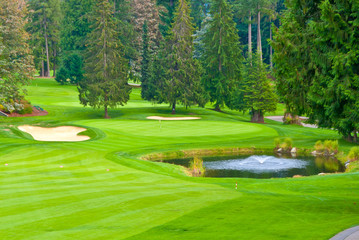 Gof place with gorgeous green and pond.