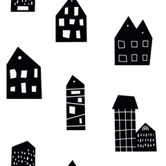 Scandinavian black and white seamless pattern with houses. Background for kids design. Cute vector illustration for baby