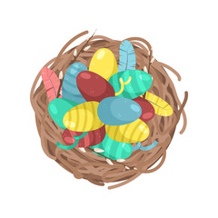 Wicker basket with Easter eggs. Flat illustration of a top view.