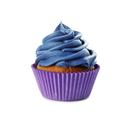 Delicious birthday cupcake decorated with dark blue cream isolated on white