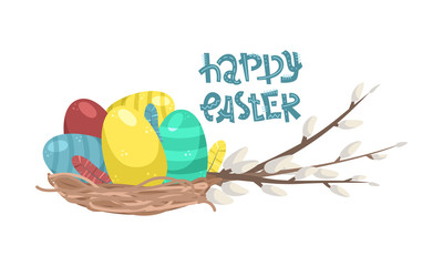 Flat vector illustration of a wicker basket with Easter eggs, willow twigs and lettering.
