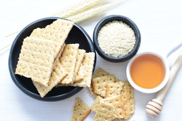 Healthy sesame biscuits (Sesamum indicum) healthy whole grain cereal and honey