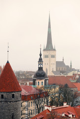 Aeirial view to St.Olaf cathedral from upper city, Tallinn, Estonia
