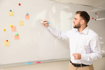 Portrait of young teacher writing on whiteboard in classroom