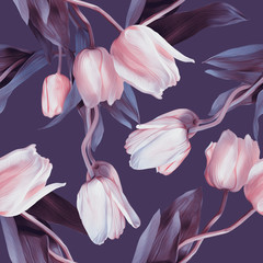 Tulips seamless pattern. Watercolor  illustration. Spring backgraund.
