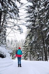 Woman walking along empty road in winter forest