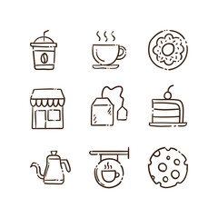 Coffee shop doodle vector icons. Cafe hand drawn pictograms.