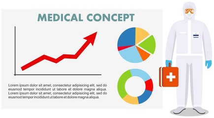 Medical concept. Detailed illustration of standing man in white protective suit and mask near whiteboard with chart of analytics and graph with trend line rising up. Virus, infection, epidemic.