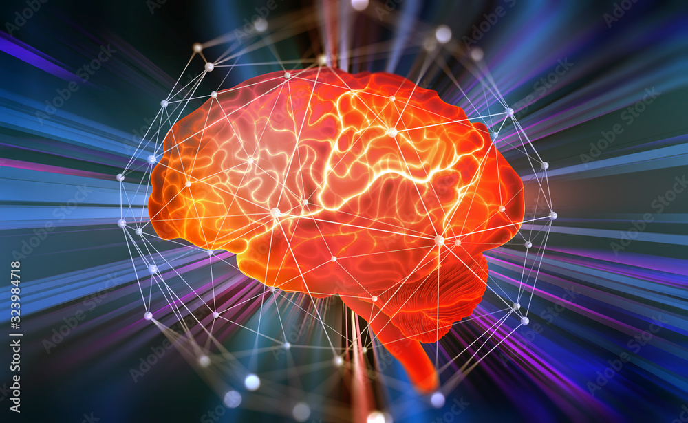 Poster Human brain. Neural network. Computer mind. Modern design concept on the topic of artificial intelligence. 3D illustration