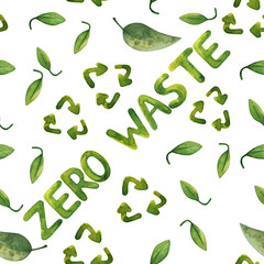 Zero waste seamless pattern. Ornament symbolizing the concept of recycling and reusable. Green arrows and plants on a white background. Watercolor illustrations with care for nature.