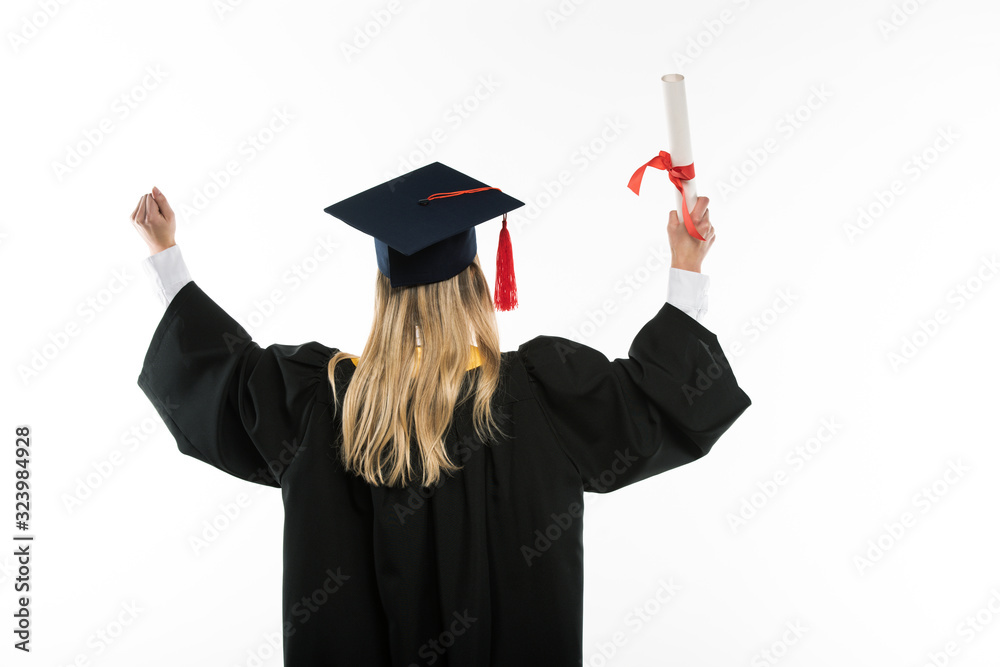 Wall mural Back view of student holding diploma isolated on white - Wall murals
