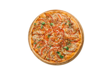 Pizza margherita with tomato and basil isolated on white background