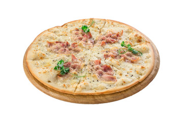 Carbonara pizza with bacon, cheese on wooden board isolated on white background