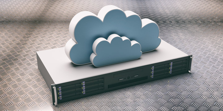 Server unit and computer clouding storage on industrial plate background. 3d illustration