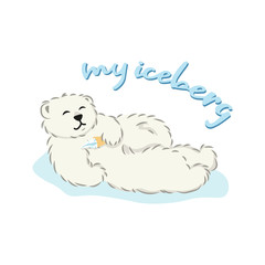 cute furry polar bear with iceberg ice cream, cartoon wild animal from Red List, extinction problem, editable vector illustration for decoration, book, banner, poster, print