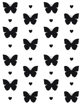 Vector seamless pattern of black butterfly silhouette and hearts isolated on white background