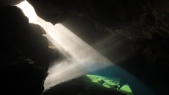 Grjotagja volcanic cave with hot thermal water near lake Myvatn, Iceland.
