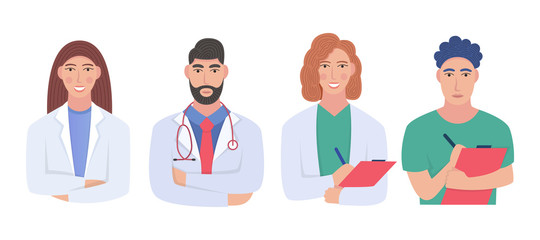 Bundle of friendly doctors wearing white coats and scurbs. Set of portraits of male and female medical workers, medics and paramedics - surgeons, physicians, nurses. Flat vector illustration.