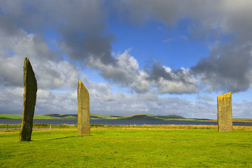 Standing stones of Stenness, a neolithic henge monument on the Isle of Orkney, Scotland UK near the...