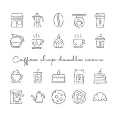 Coffee shop doodle vector icons. Cafe hand drawn pictograms.