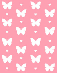 Vector seamless pattern of white butterfly silhouette and hearts isolated on pastel pink background