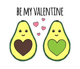 Vector hand drawn doodle cartoon avocado with hearts valentine’s day greeting card. Love colored print with be my valentine text isolated on white background