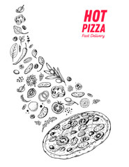 Italian pizza and ingredients. Italian food menu design template. Italian food, pizzeria menu design template. Vintage hand drawn sketch vector illustration. Engraved image.