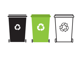 Vector set bundle of three different flat cartoon black Recycle Bin for Utilization of Garbage. Saving Of The Environment Illustration isolated on white background